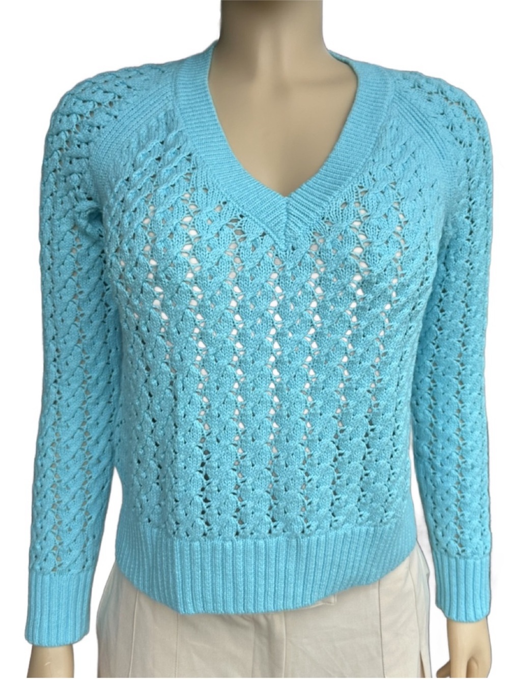 Talbots Women’s Beautiful Light Aqua Open-Knit V-Neck Fall Sweater